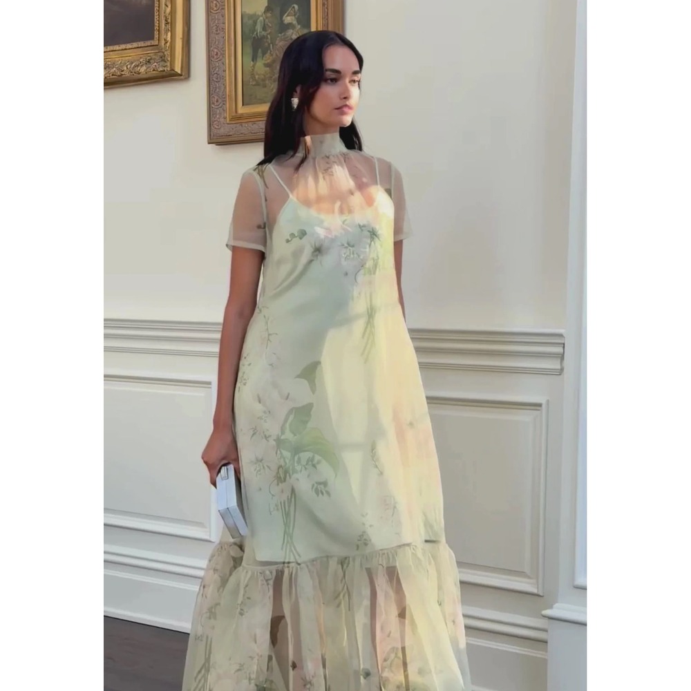 NWT CAARA Melody High Neck Organza Tie Neck Tiered Hem Dress - Size Large - Picture 2 of 14